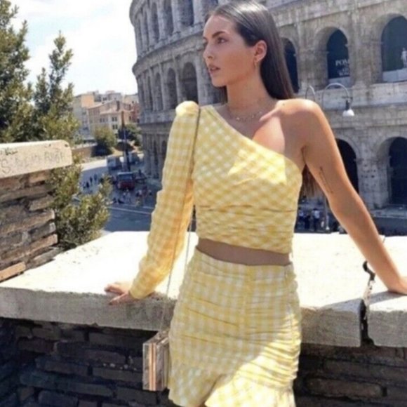 NWOT Zara Asymmetric Venus Yellow Gingham One Shoulder Crop Top S - Picture 10 of 12
